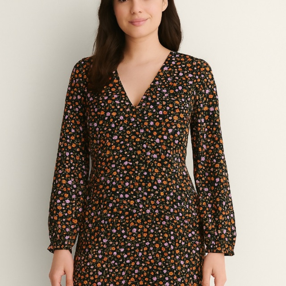 Zara Brown and White Bishop Sleeve Sheath Dress